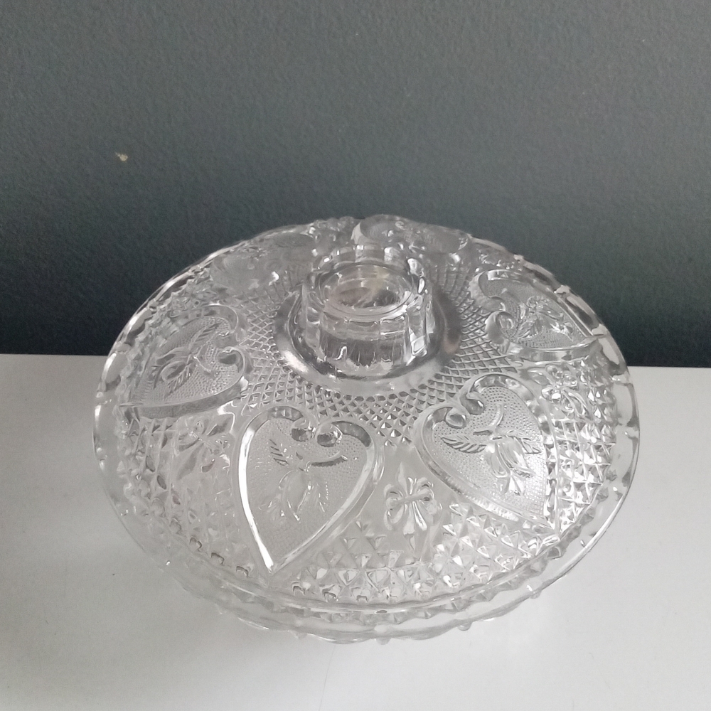 Clear Crystal Glass Footed Bowl With Dome Shape Lid Heart Etched Vintage Serving